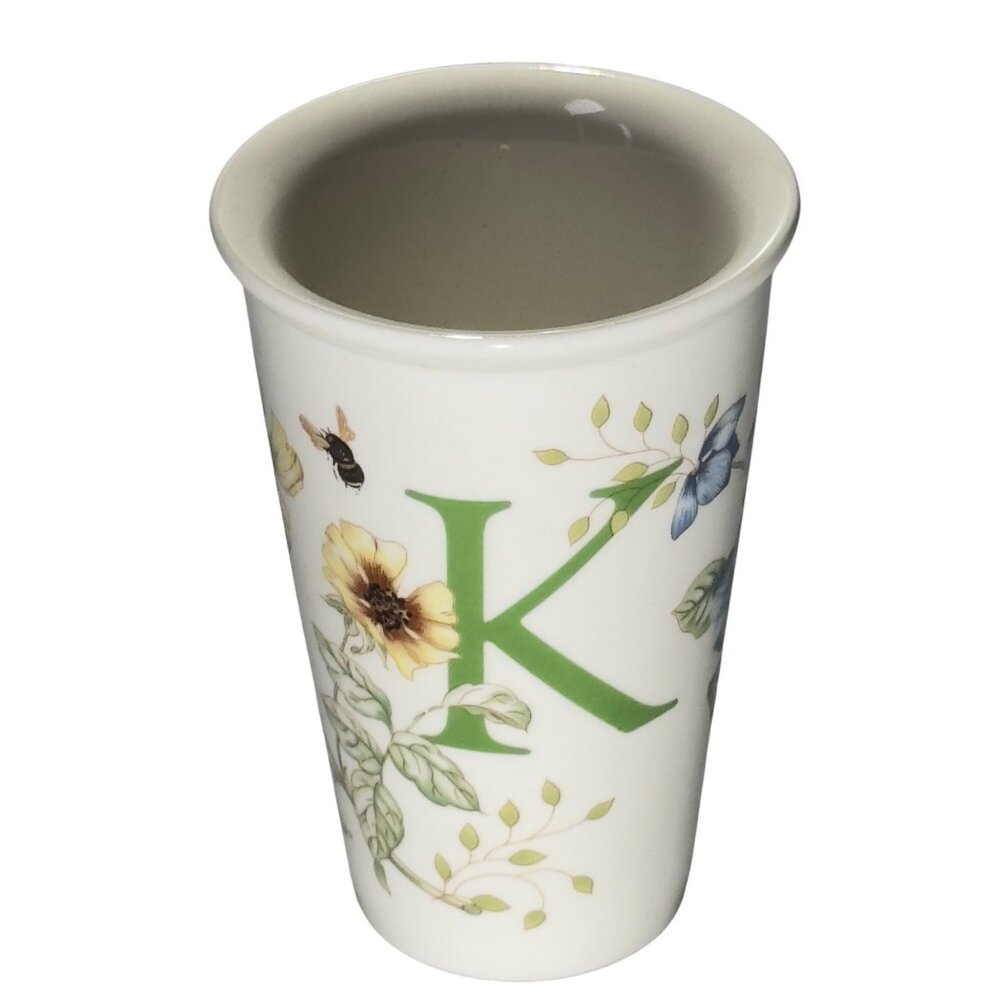 Lenox Butterfly Meadow Thermal Travel Mug(No Lid) with the initial "K".